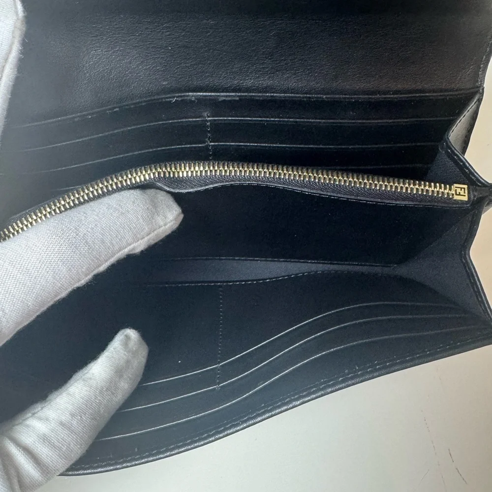 Fendi Women’s Black Long Leather Wallet with Gold Accent